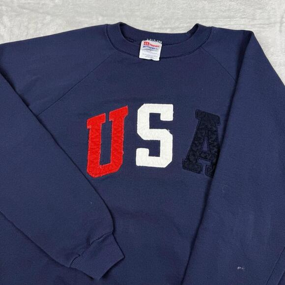 Hanes USA Chenille Patch Crewneck Sweatshirt Navy Vintage Style Size L Retro Y2K - Picture 2 of 8